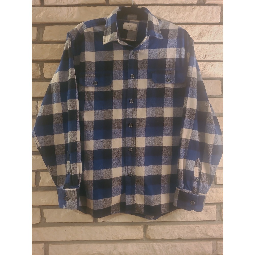Jachs Men's Plaid Flannel Button-Up Shirt Size XL 100% Cotton Dark Blue & White